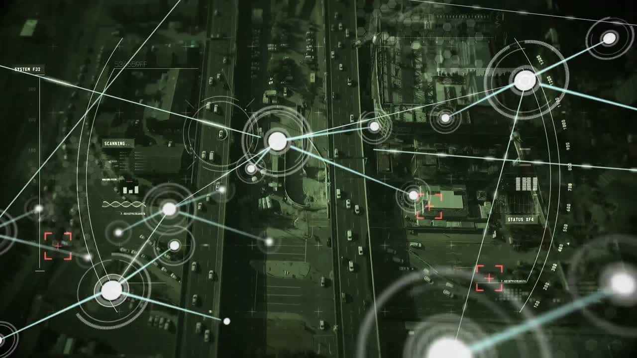 Animation of network of connections with icons over cityscape