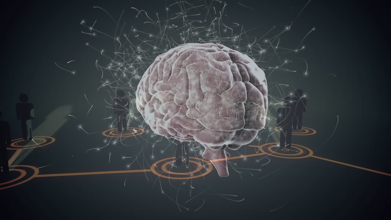 animación del cerebro humano y red de conexiones con iconos