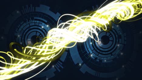 Animation-of-wavy-lights-and-processing-circles-on-black-background