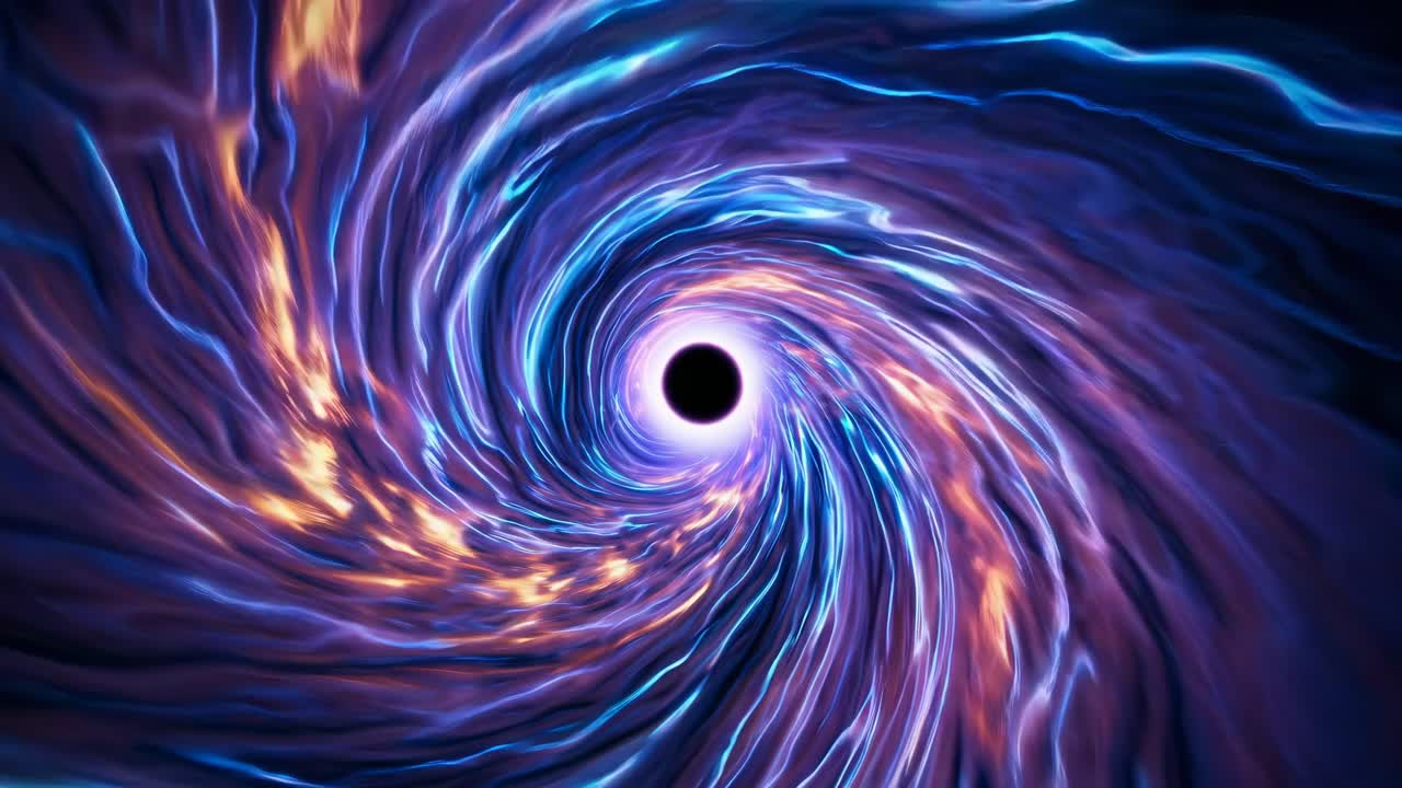 Dynamic vortex of swirling colors with a central black hole, captured from a top-down angle