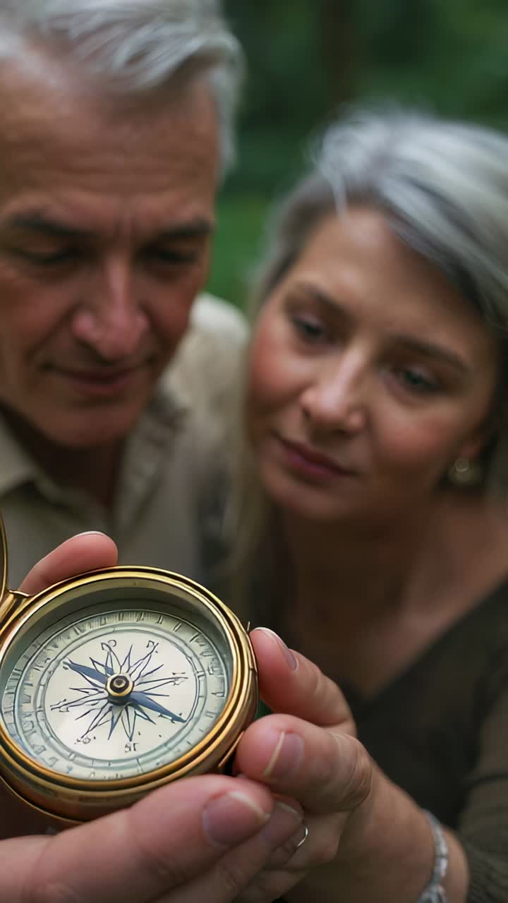 Vertical video: Leaning senior pair checking gold compass in park, nudging ringed hand turning it