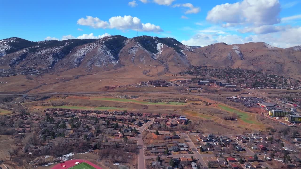Snowy Lookout Mountain Morrison Golden aerial drone Colorado School of Mines Fossil Trace Golf Club Jefferson County historic downtown winter sunny morning afternoon blue sky homes forward motion