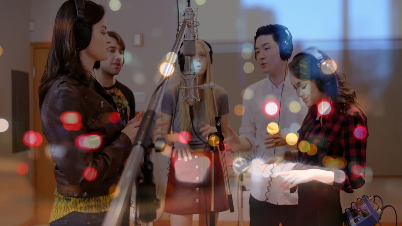 Group singing in music production studio, with animated headphone icons and sound waves