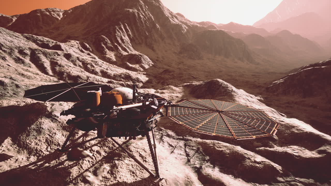 InSight Mars tutkimassa punaisen planeetan pintaa. Elementit toimittanut NASA.