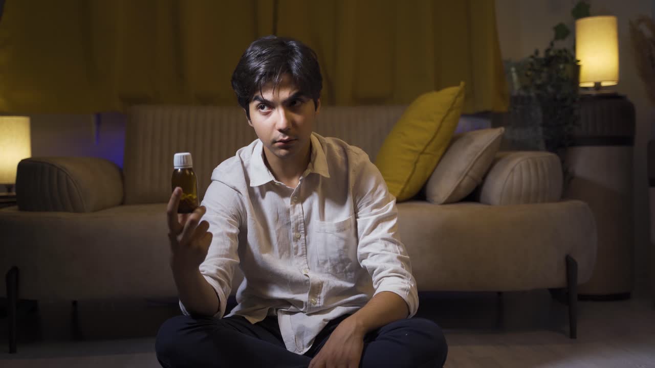 손에 들고 있는 약을 보고 자살하려는 사람.