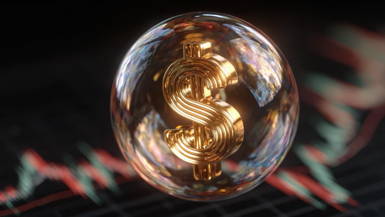 Uma Visualização Deslumbrante da Riqueza: Um Intricado Símbolo de Dólar Dourado Encapsulado em uma Esfera de Vidro, Tendo como Fundo Gráficos Financeiros Dinâmicos, Refletindo as Tendências do Mercado.