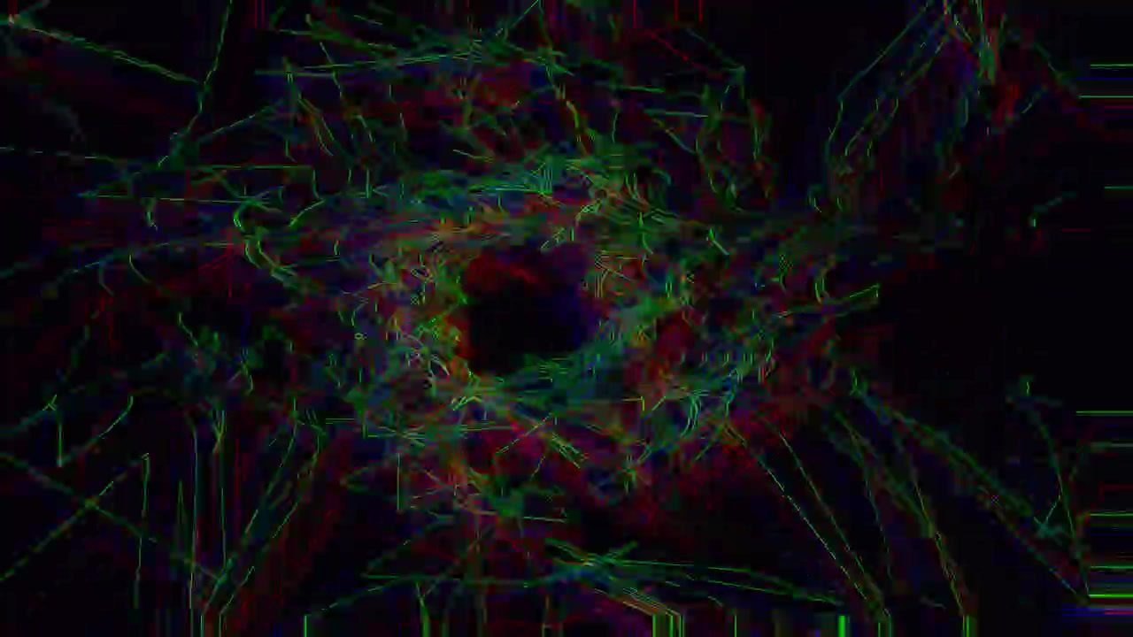Colorful lines and patterns overlap and twist in a dark space. The motion creates a sense of energy and depth. The design features vibrant shades of green and red, forming a dynamic visual