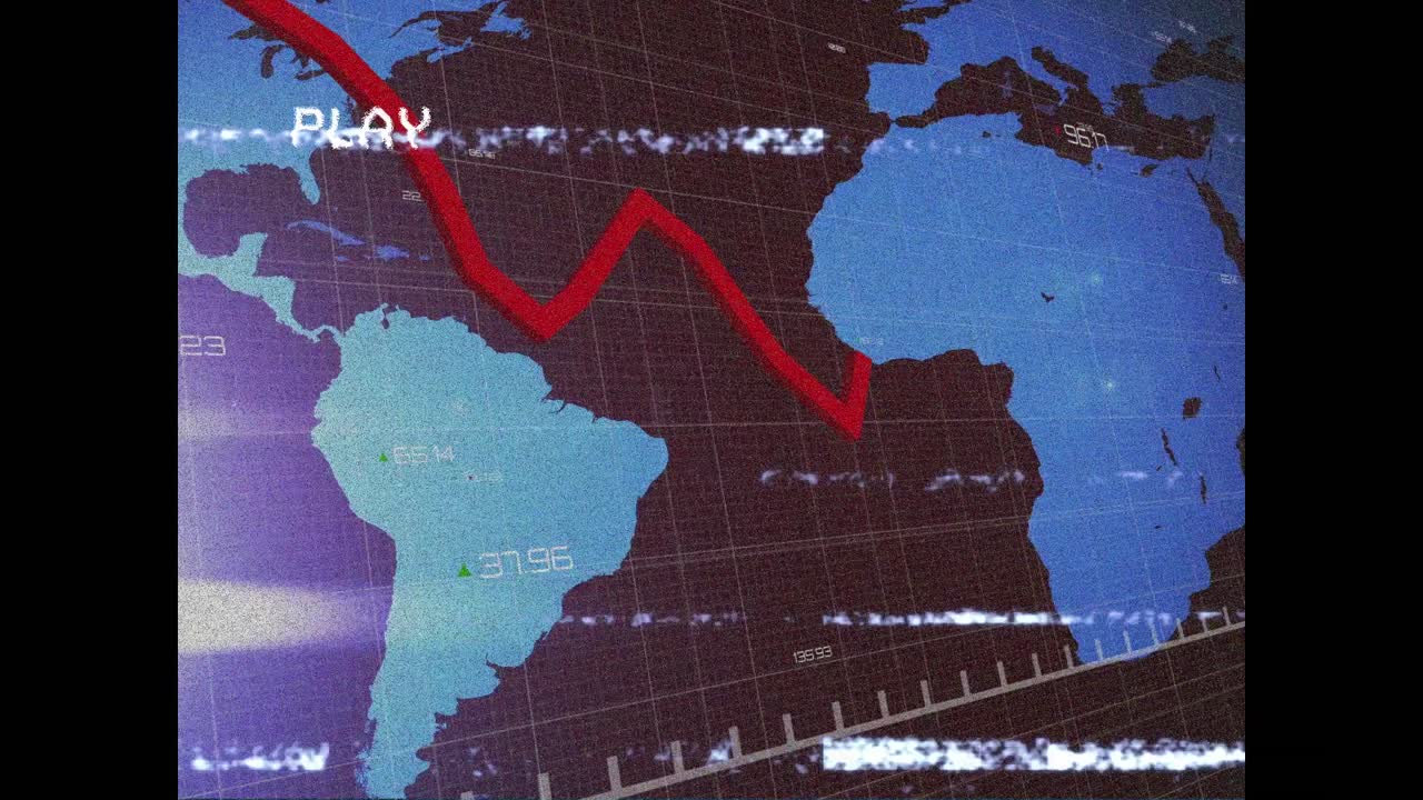 Animazione di schermo con elaborazione di dati finanziari a linea rossa su mappa del mondo