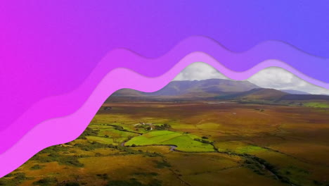 animation of purple wave over beautiful countryside landscape