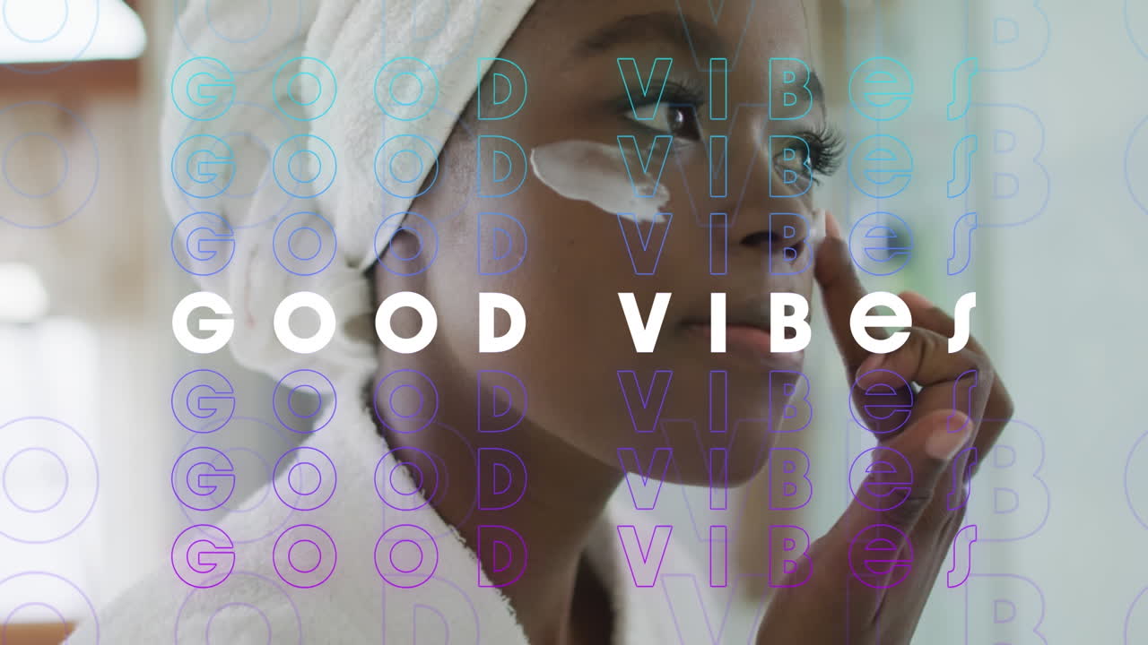 화장실에서 크림을 사용하는 아프리카계 미국인 여성에 대한 좋은 바이브 텍스트의 애니메이션