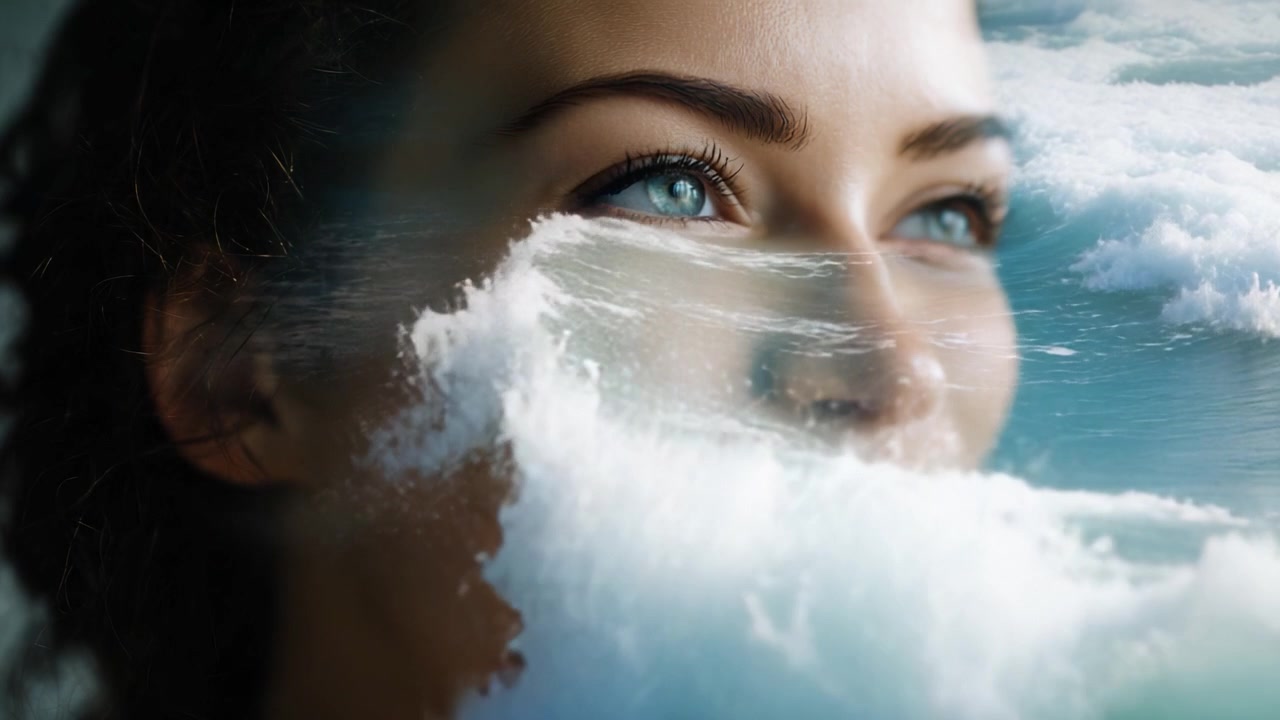 Una donna contemplativa guarda verso l'orizzonte, la sua espressione serena si armonizza con le onde e le nuvole che riflettono i suoi pensieri ed emozioni.