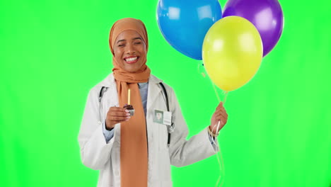 Party,-balloons-and-face-of-female-doctor-on-green