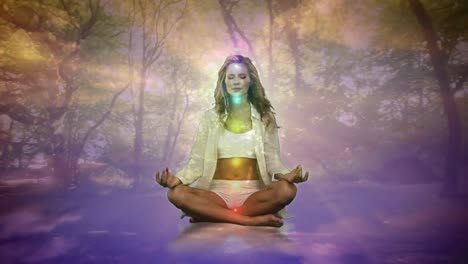 Animation-Von-Leuchtendem-Licht-über-Einer-Frau,-Die-Yoga-Vor-Bäumen-Im-Hintergrund-Praktiziert