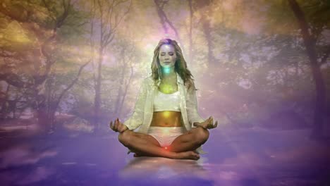 animation of glowing light over woman practicing yoga against trees in background