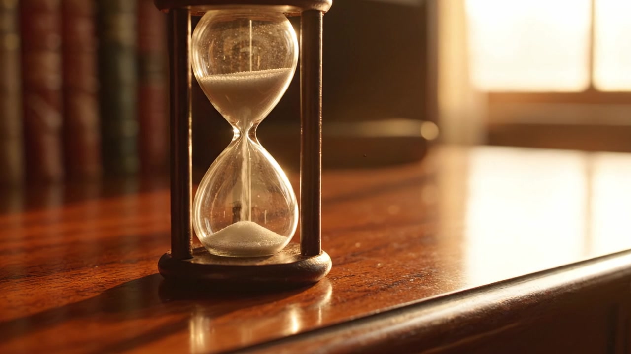 Aesthetic Close-Up of an Hourglass on a Wooden Desk Capturing the Essence of Time and Reflection with Soft Sunlight Illuminating the Scene