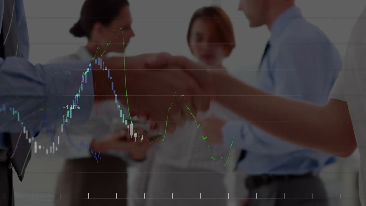 비즈니스맨과 비즈니스맨이 손을 흔드는 중간 섹션에 대한 통계 데이터 처리