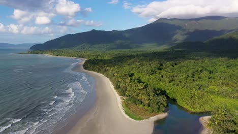 Cape-Tribulation-and-Daintree-Rainforest-drone-landscape-of-Myall-beach,-Queensland,-Australia