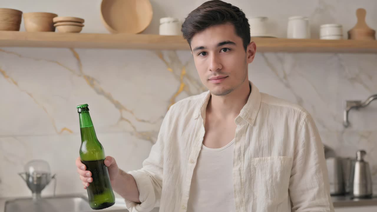 Man holding a beer bottle in the kitchen