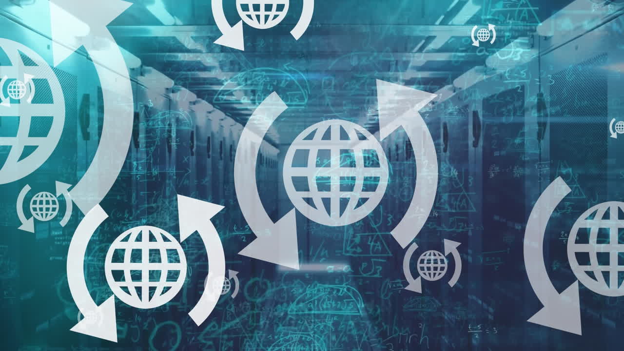 글로벌 아이콘, 수학 방정식 및 다이어그램의 애니메이션 서버  ⁇