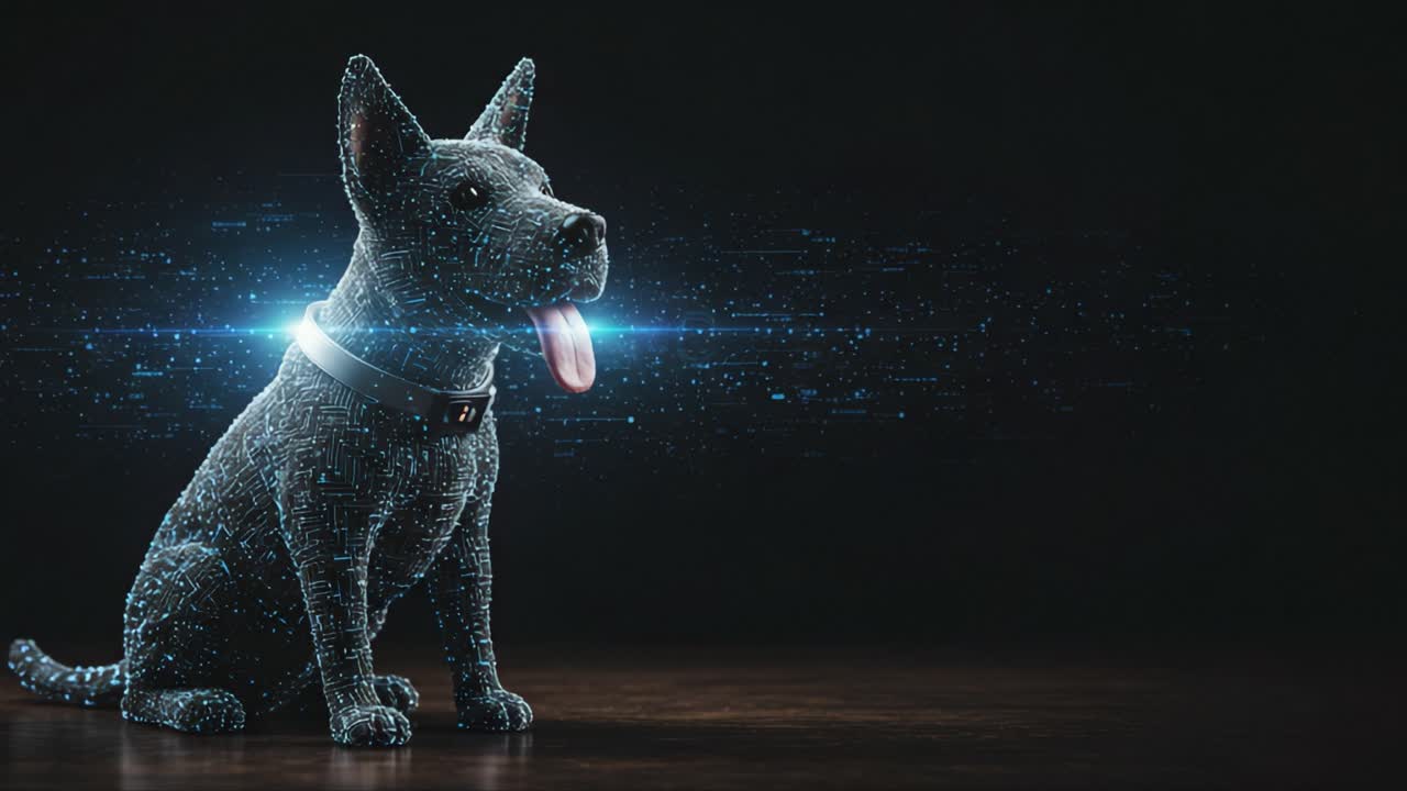 A futuristic digital dog representation showcasing a vibrant display of binary data and glowing elements, symbolizing the convergence of technology and companionship