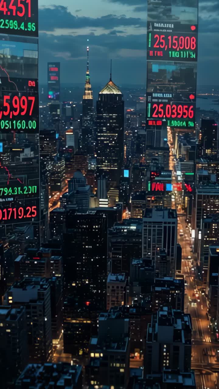 Video verticale: vista notturna del quartiere finanziario con tabelloni che mostrano l'andamento del mercato