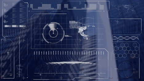 Animación-De-Radar,-Globo-Terráqueo,-Barras-De-Carga-Y-Círculos-Sobre-Una-Vista-De-ángulo-Bajo-De-Edificios-Contra-El-Cielo