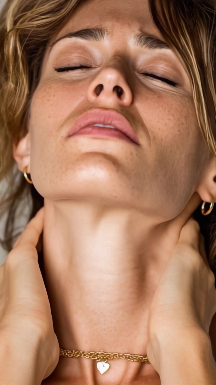 Un ritratto accattivante di una donna in un momento di intensa emozione, che esprime vulnerabilità e serenità attraverso sottili espressioni facciali e gesti aggraziati