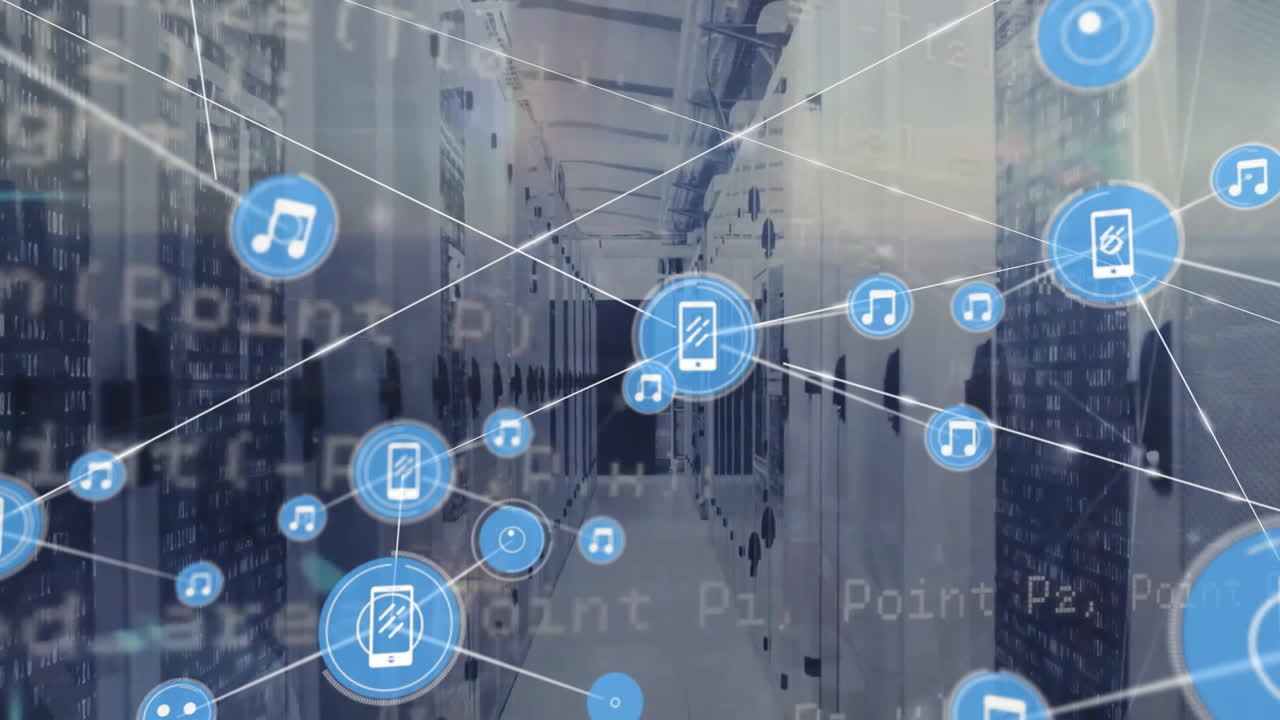 아이콘과 데이터 처리를 통해 컴퓨터 서버를 통해 연결 네트워크의 애니메이션