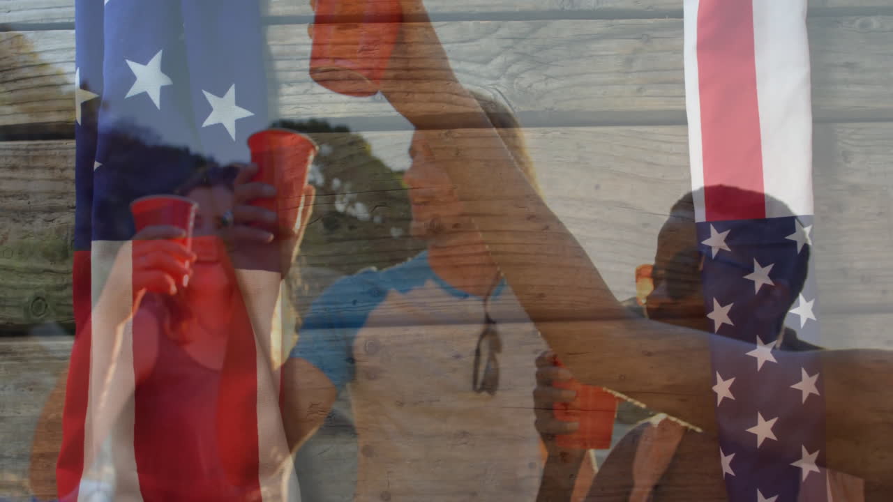 Holding red cups with American flag and wooden texture in animation scene