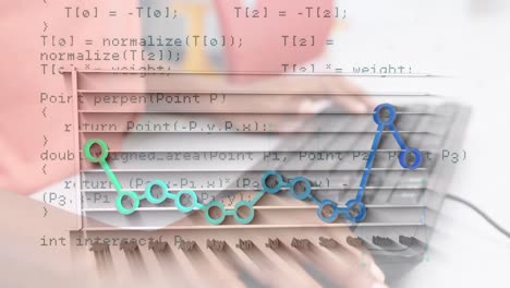 animation of statistical data processing over mid section of a kid using computer at school