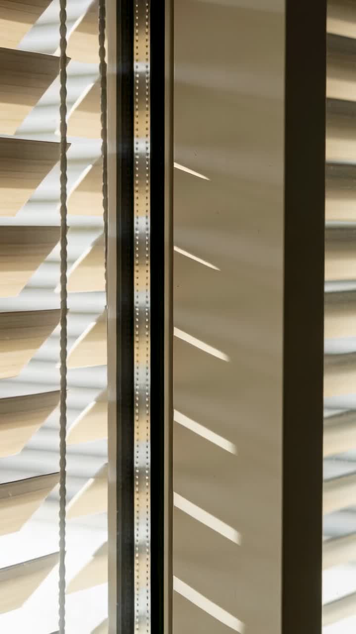 Vertical video: Sun shifting, slats tilting by mullion at window, revealing cord and light bands