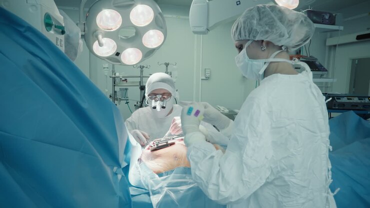 кардиолог с коллегами создают новый путь для крови вокруг заблокированной артерии в клинике при световых хирургических лампах