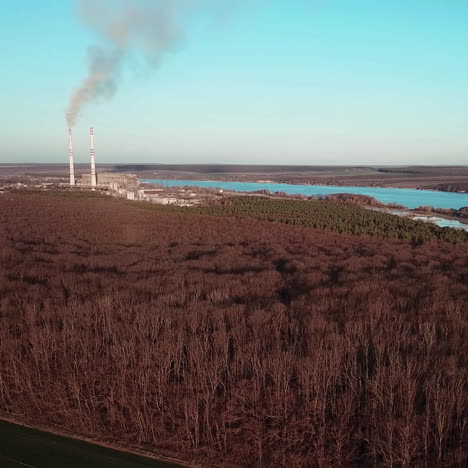 aerial view of winter forest without snow against a background of a power station. beautiful nature river