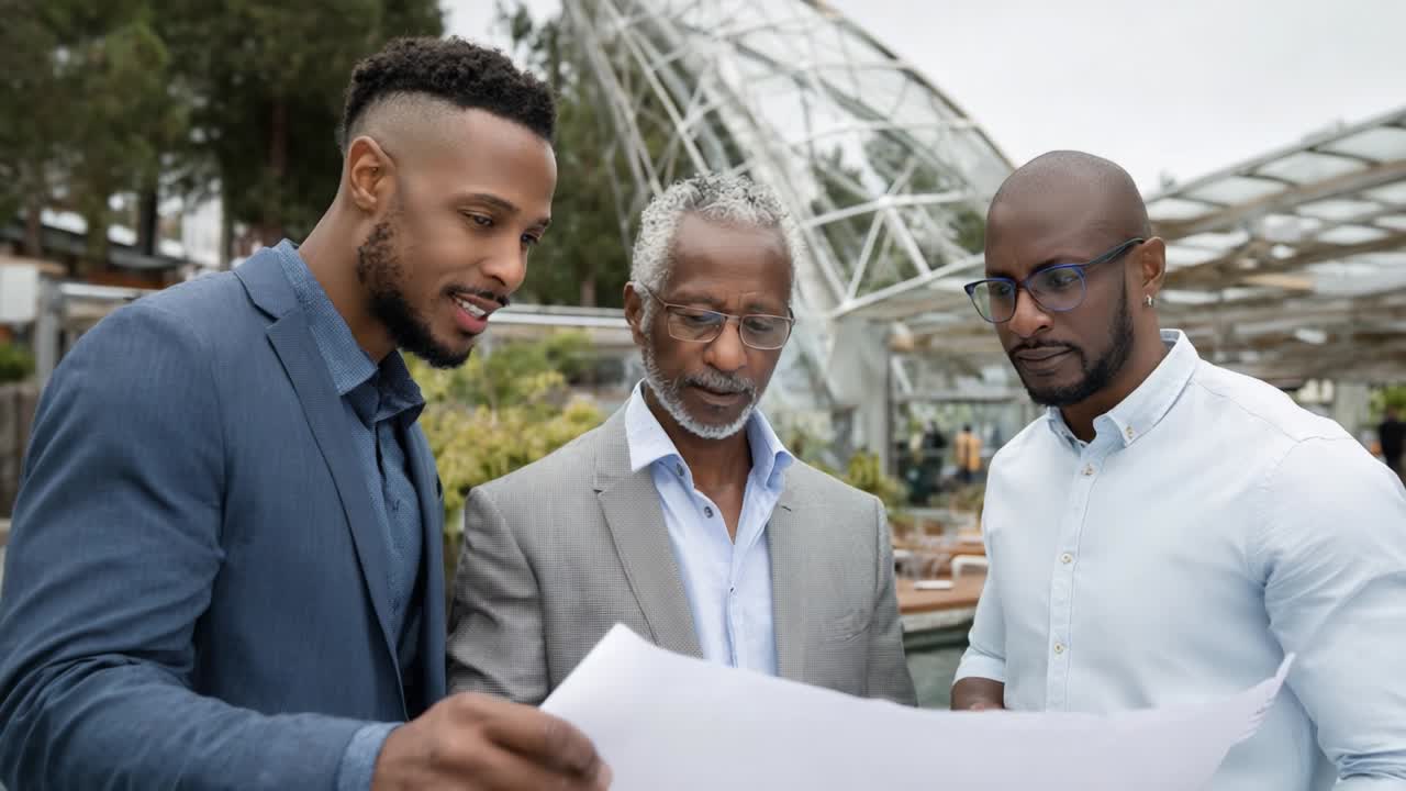 Three men engaged in a serious discussion over architectural plans outdoors, showcasing collaboration and mentorship under a modern glass structure while analyzing the details of a blueprint together