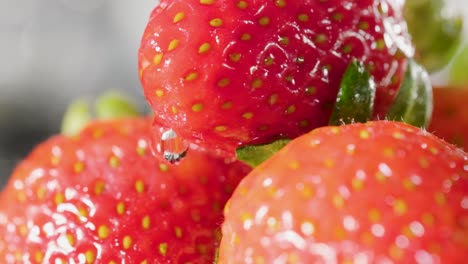 water drop flowing along strawberries surface in slow motion, close-up shot