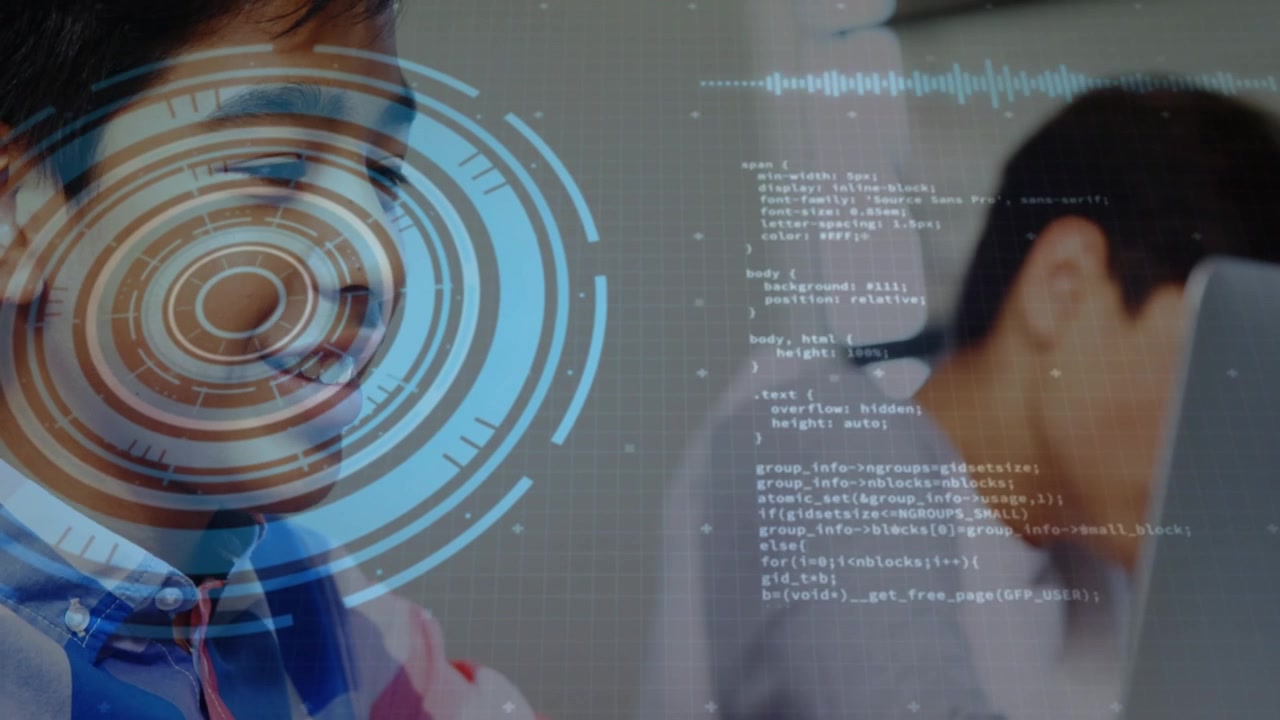 Foreground teen typing on laptop, initiating HUD circle and scrolling code overlays for code lesson