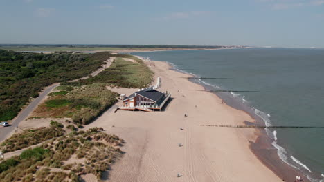 Aerial-View-Of-De-Zeemeeuw-Beach-Pavilion-In-Cadzand,-Zeeland,-The-Netherlands