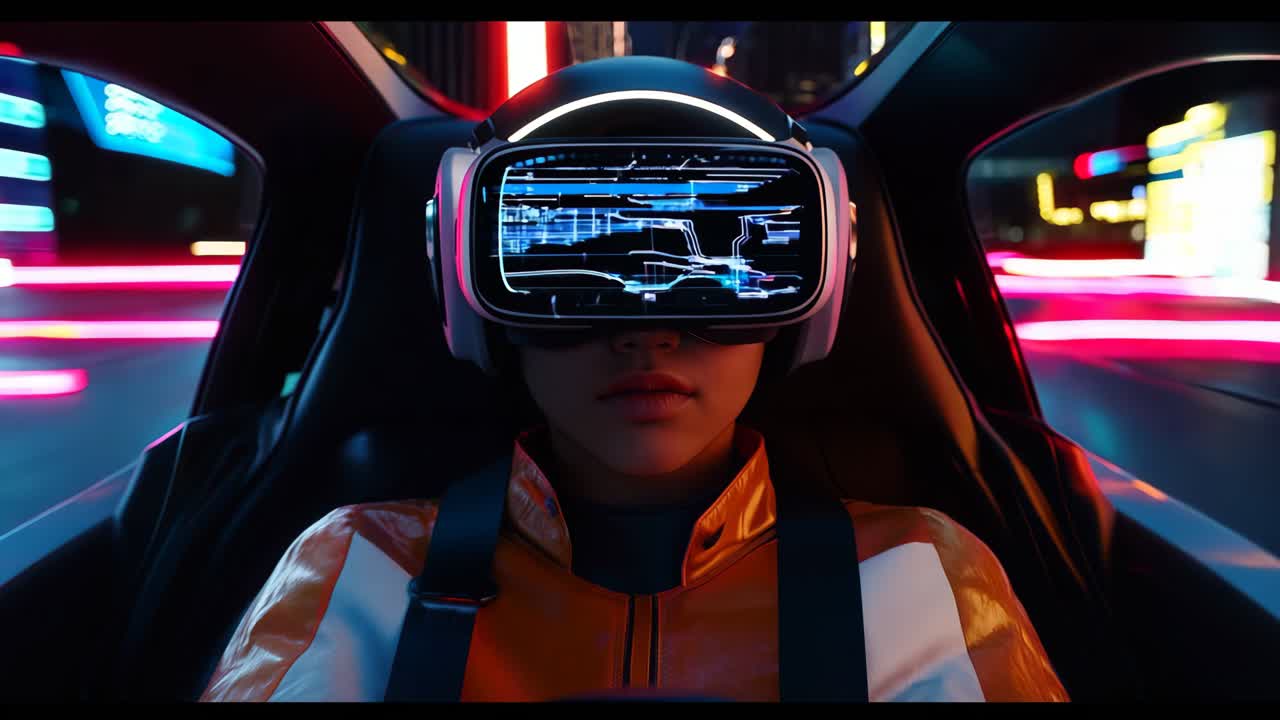 A woman wearing a virtual reality headset in a car