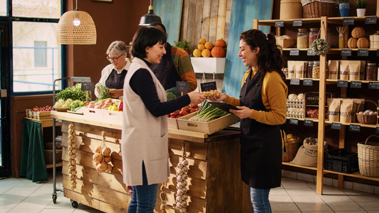 Donna asiatica che porge un barattolo al bancone di legno, membro dello staff in grembiule che controlla il prezzo su un tablet