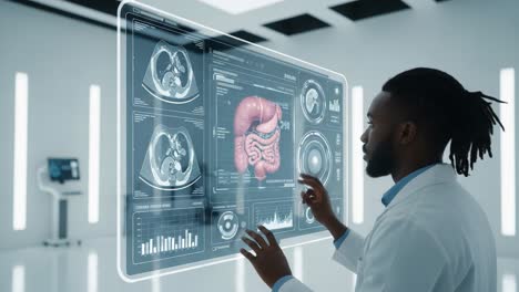 a medical professional analyzes advanced imaging technology, revealing detailed insights into human anatomy and internal organs in a futuristic healthcare environment