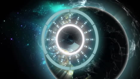 animación de interfaz circular futurista sobre fondo cósmico con elementos brillantes