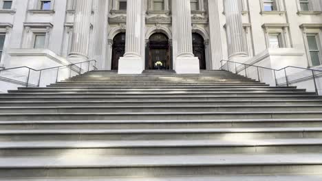 A-video-clip-starting-with-a-close-up-of-a-pigeon-on-grand-steps-and-tilts-to-reveal-the-majestic-facade-of-a-neoclassical-building-in-New-York-City,-the-blend-of-urban-life-and-historic-architecture