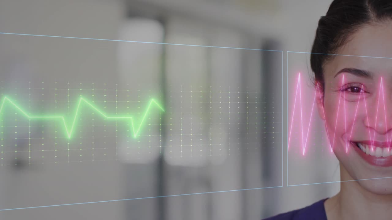animación de cardiógrafo sobre médico mujer biracial con espacio de copia.
