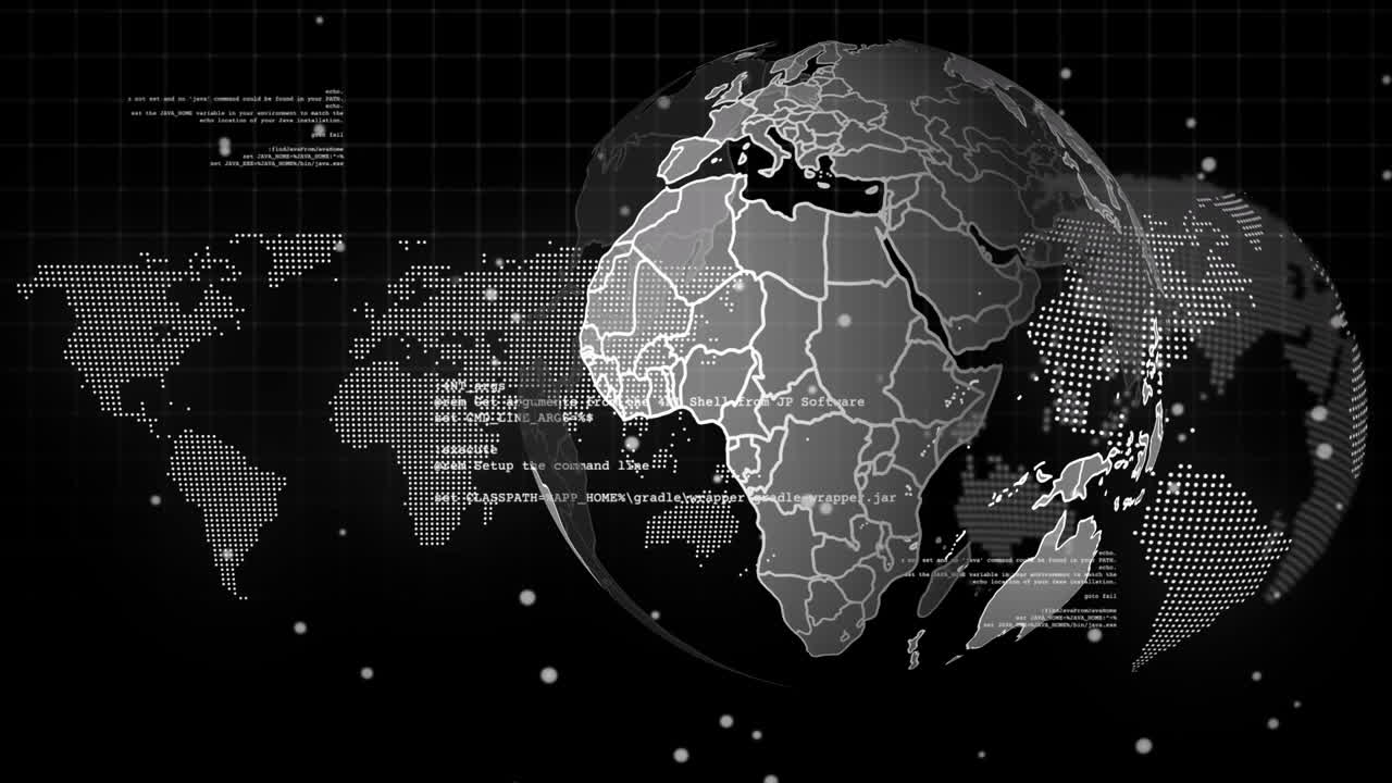 Animation of data processing with globe over world map and globe on black background