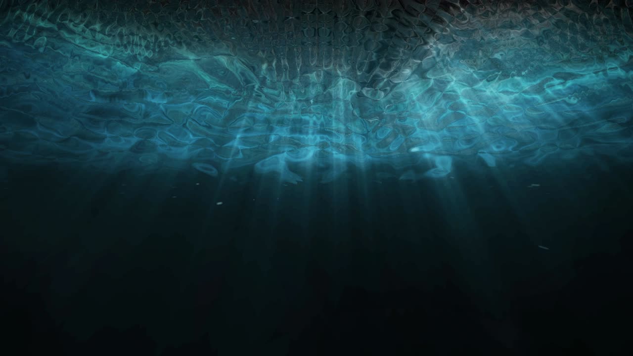 Scuba diving through deep blue underwater with sunlight rays shining through ocean surface. 3D motion rendering seamless loop animation scene. Nature and background. Moving camera. 4K footage video