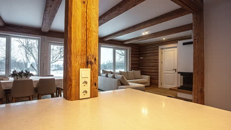 looking over the kitchen island into the open concept living and dining areas