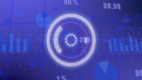animation of round scanner and statistical data processing over grid network against blue background