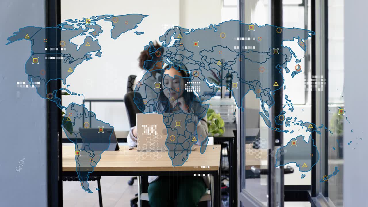 Seated woman typing on laptop initiating tech map overlay appearing over screen man consulting