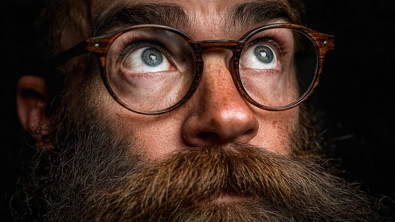 Close-up Portrait of an Individual with Distinctive Features, Including Glasses and a Prominent Beard, Capturing a Moment of Intense Expression and Emotion