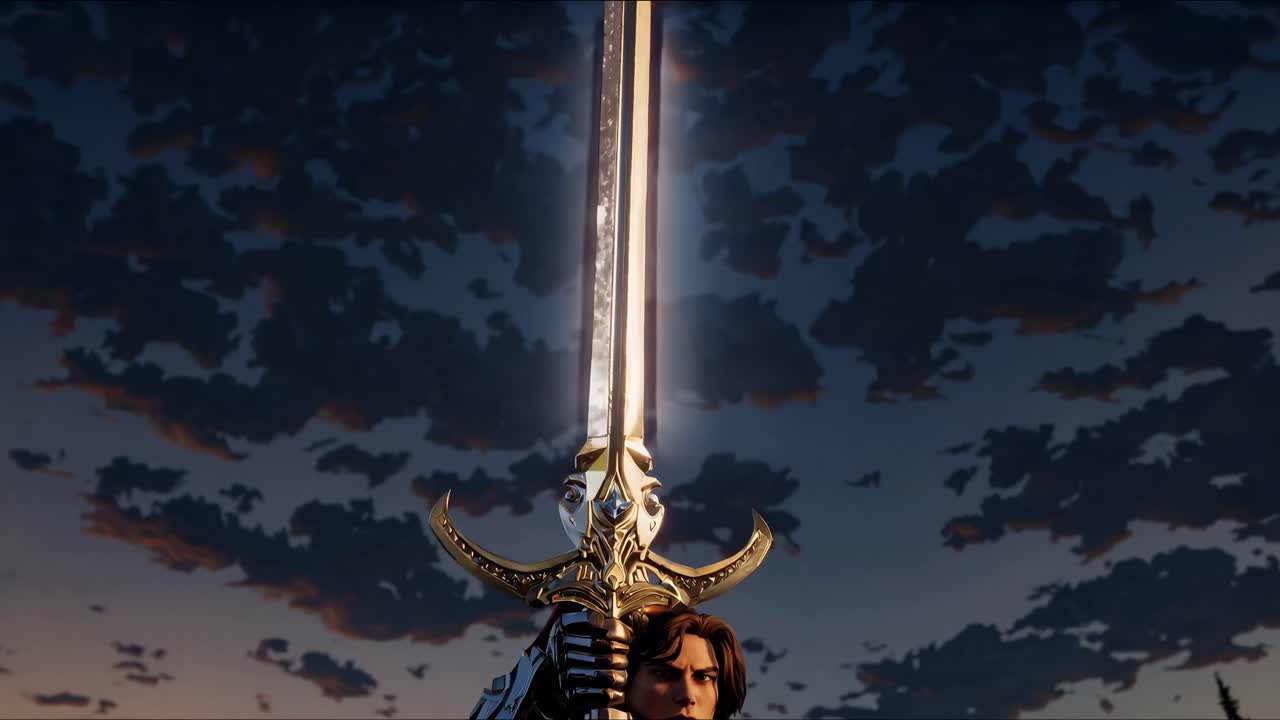 A low-angle shot of a warrior holding a glowing sword against a dramatic sky, evoking a cinematic